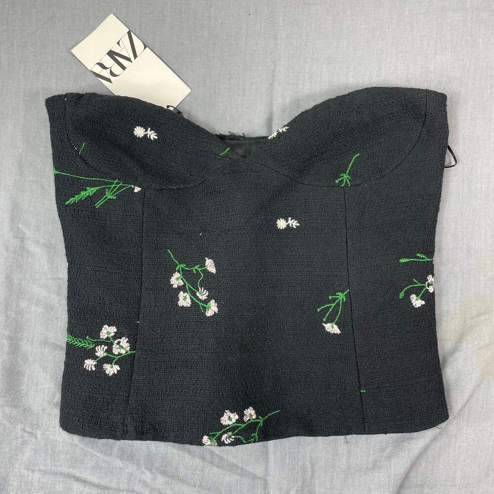 Zara Black Floral Embroidered tweed corset top NWT